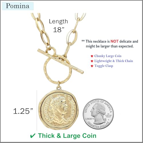 POMINA Chunky Gold Coin Necklace Trendy Fashion Statement Toggle Necklace Antique Gold Pendant Thick Link Chain Layered Pearl Necklaces for Women2