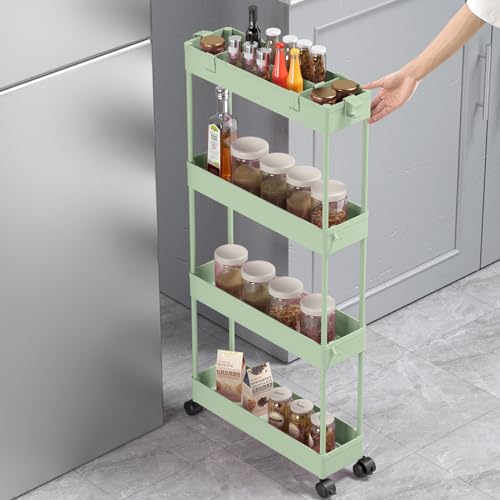 Image of SPACELEAD Slim Storage Cart 4 Tier,Bathroom Organizer Rolling Utility,Mobile Shelving Unit Slide Out for Office, Kitchen, Laundry Room & Narrow Places,Green