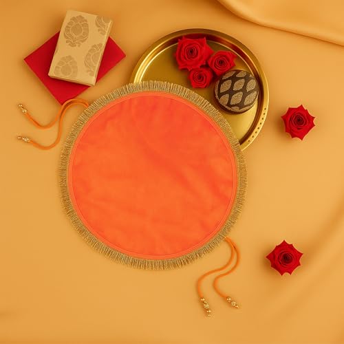 Image of Kuber Industries Organza Double Layer 2 in 1 Shagun Pooja Thalposh Cover Cloth Potli | Wedding Gift Packaging Sagun Potli | Traditional Potli Bag & Thali Cover with Drawstring | Orange