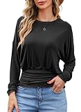 Dokotoo Long Sleeve Tops for Women Casual Crewneck Stretch Ribbed Knit Shirts Shirring Banded Bottom Dolman Tops Spring Lightweight Elegant Blouses Black Medium