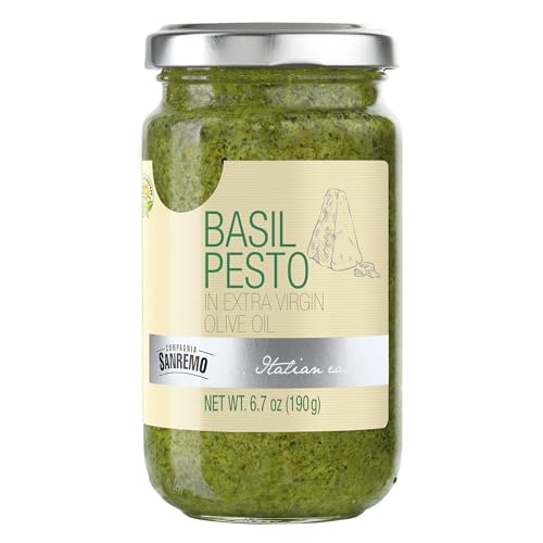 Compagnia Sanremo Basil Pesto with Cheese, 6.7 oz, (Pack of 1) - Authentic Italian Pesto Sauce – Rich, Savory Flavor with Fresh Basil, Grated Cheese & Extra Virgin Olive Oil – Perfect for Pasta, Sandwiches, Dips & Marinades
