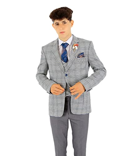 Costume garçon bleu gris pour mariage et baptême ensemble chic à carreaux