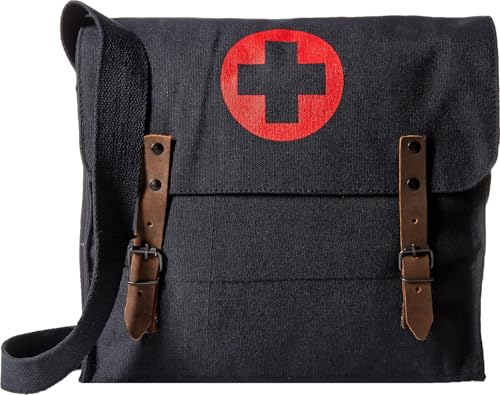 Army Universe Red Cross Medic Bag - Black Canvas Shoulder Bag with Leather Straps, Adjustable
