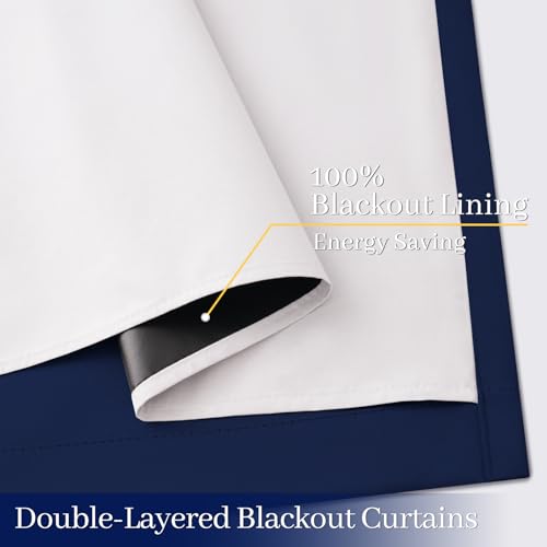 Image of Yakamok Navy Blue 100% Blackout Curtains 84 Inches Long 50 inch Wide, 2 Panels | Blackout Curtain Panels for Bedroom, 2 Thick Layers Grommet Top Thermal Insulated Drapes with White Back for Living Room