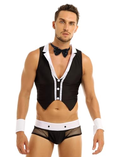 FEESHOW Herren klassisches Gentleman Cosplay Outfit Männer Stripperkostüm Set Erotik Durchsichtige Unterwäsche Clubwear Schwarz Einheitsgröße