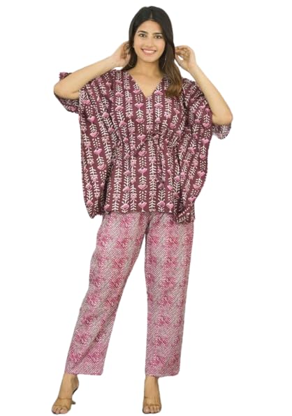 KAVERI KREATIONS Women's Cotton Printed Short Kaftan with Pants | Comfortable Free Size Kaftan Top & Bottom Set with Pocket (Burgundy)-picture-17