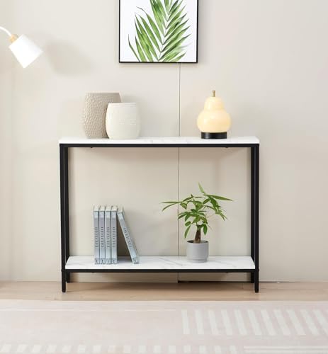 Image of Metal Frame 2-Tier Premium Entryway Table for Living Room, Hallway & Bedroom | Modern Narrow Sofa Console Table for Home & Office Decor | Sturdy & Stylish Accent Table (Black White)