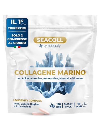 Collagene Marino con Acido Ialuronico [120 cpr x 60gg] Astaxantina Zinco Biotina Vitamina C | Collagene Marino Idrolizzato Tripeptidi Capelli, Pelle, Unghie - Longevity Complex SEACOLL