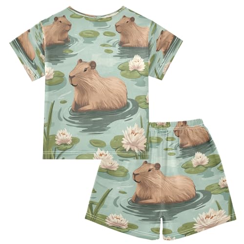 Pajama Sets Short Sleeve Swimming Capybara Pattern Soft Cotton Summer Sleepwear 2 Piece PJS Size 5-14T2