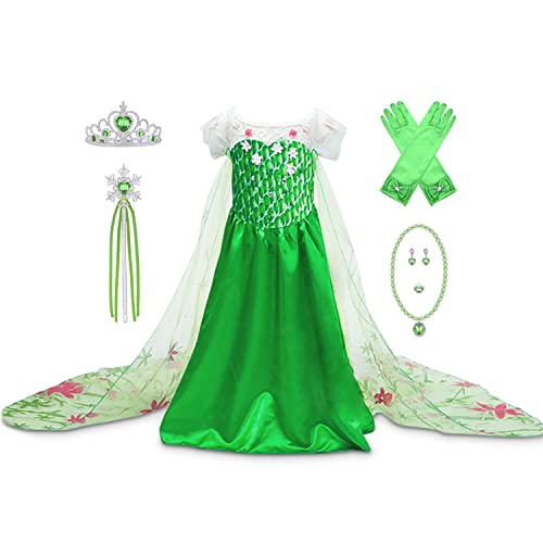 Eleasica Vestido de Princesa para Niña Verde Largo Pintura de Rosas Rosemaling Escandinava Noruego Cosplay Princesas Hermanas Anna y Elsa Frozen Disfraz Princesa Carnaval Noche de Brujas Halloween