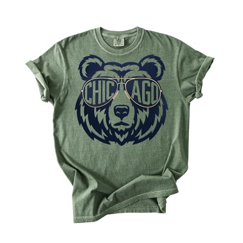 Chicago Bear Comfort Colors T-Shirt Retro Mascot Graphic Tee Vintage City Pride Shirt Unisex Top (US Alpha Medium Regular Regular Moss)