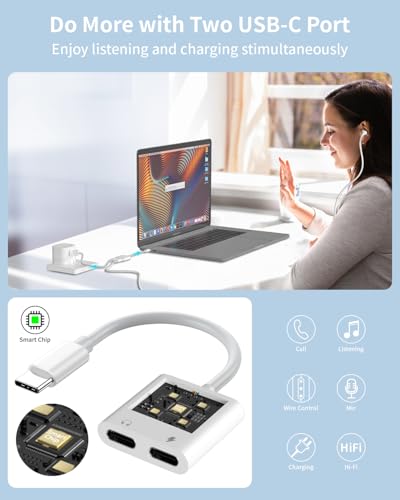 USB Type C to USB-C Audio + Charge Adapter, USB C Headphone Adapter w/USBC 60W Power Delivery Fast Charging for iPhone 16/15, iPad Pro, MacBook, Galaxy, Note, Pixel, LG, Sony Xperia, OnePlus, & More