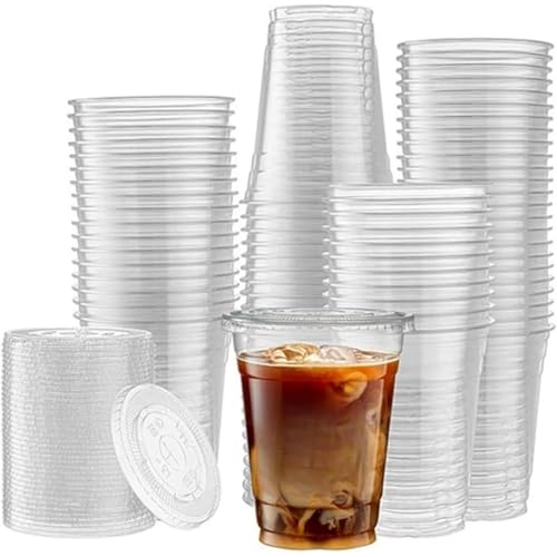 VHJAcuzig 使い捨てドリンクカップ 使い捨て食器 冷たい飲み物容器 透明プラスチックカップ 使い捨容器 漏れ防止 蓋付き BPA 割れにくい 漏れ防止 コーヒー ティー ジュース スムージー アイスコールドドリンク用 100個 (360ml,直飲み