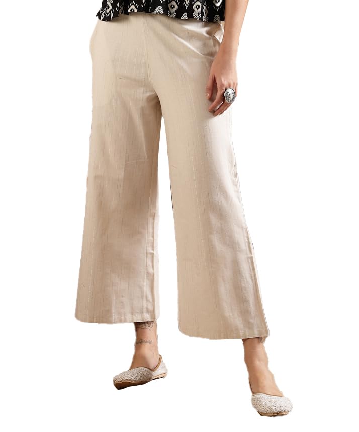 stylum Women's Off White Woven Design Cotton Blend Trousers-picture-50