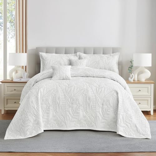 Image of HZ & HY Botanical Oversized Queen Bedspread, Stitched Leaf Quilt Set Queen Size, Lightweight Reversible Coverlet, Tailored Edge - Soft Neutral Look, 5 Piece, White /Taupe
