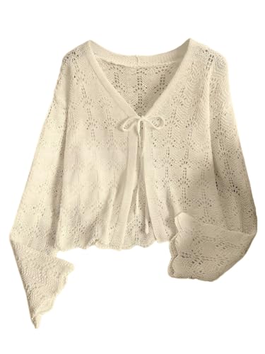 Image of SHENHE Women's Tie Front Cardigan Trumpet Sleeve Pointelle Knit Crop Tops