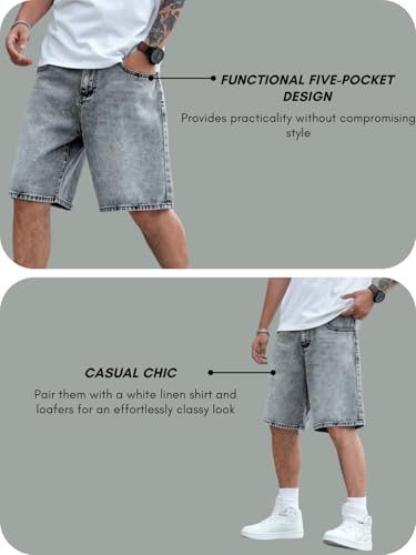 Image of GRECIILOOKS Denim Shorts for Men Stylish | Casual Knee Length Washed Jorts | Regular Fit Jeans Half Pant for Men with Distressed Design | Bermuda Mens Shorts for Summer Travel Streetwear