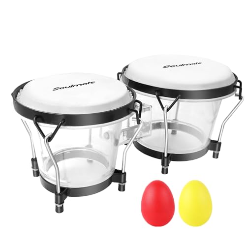Soulmate Bongo Drum Set for Adult, Natural Beginners Bongos with Tuning Wrench, Transparent Bongo Drums 6
