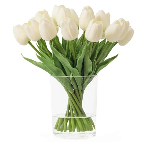 12 PCS Milky White Artificial Tulips – Faux Tulip Flowers for Vase, Artificial Flowers Indoor Home Decor, Wedding Bouquet, Spring Table Centrepiece, DIY Floral Arrangement