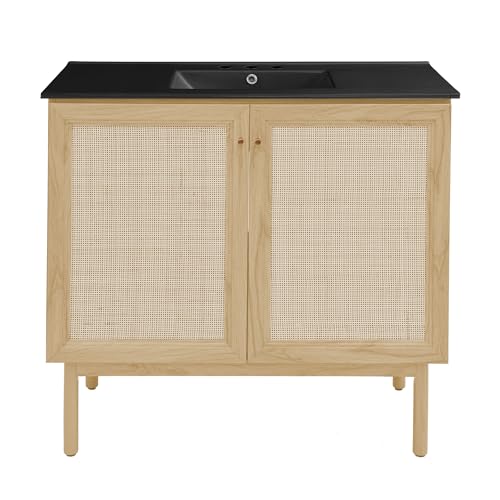 Image of Swiss Madison Classe 36 inch Freestanding Bathroom Vanity in Natural Oak with Black 3-Hole Widespread Sink Top