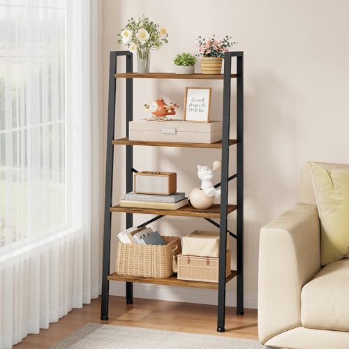 Hoctieon 4-stöckiges Industrieleiter Bücherregal schmales Leiterregal Regal wandregal schmales offenes Leiterregal für Wohnzimmer Home Office Küche Schlafzimmer rustikales Braun 17x12x53