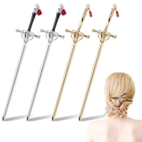 WEBEEDY 4 Stück Chinesische Haarstab Haarstäbchen Metall Haarstäbchen Pins Picks Schwert Form Japanische Haarnadel Chinesisch Vintage Haar Sticks Retro Kopfschmuck Für Damen Mädchen Haarschmuck Cover