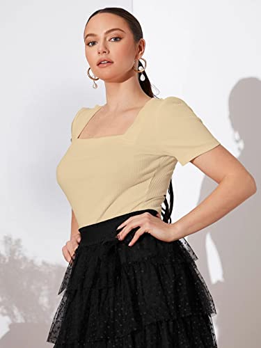 Image of Shasmi Women Polycotton Regular Fit Solid Knitted Square Neck T-Shirts Short Puff Sleeve Tops (TOP 52)