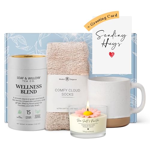 Wellness Tea Care Package for Women – Relaxation & Self-Care Gift Box with Cozy Cloud Socks, Ceramic Mug, Hand-Poured Candle & Sending Hugs Card (Wellness Blend)