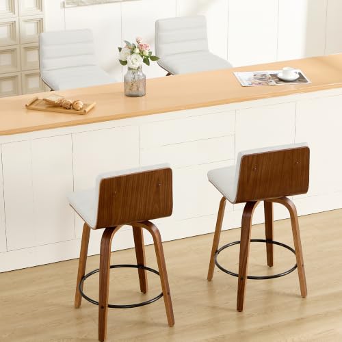 Image of Swivel Bar Stools Set of 4,26 inch Faux Leather Counter Height Barstools with Back,Mid Century Modern Upholstered Bar Chairs with Bentwood Legs Island Stools for Kitchen Counter White