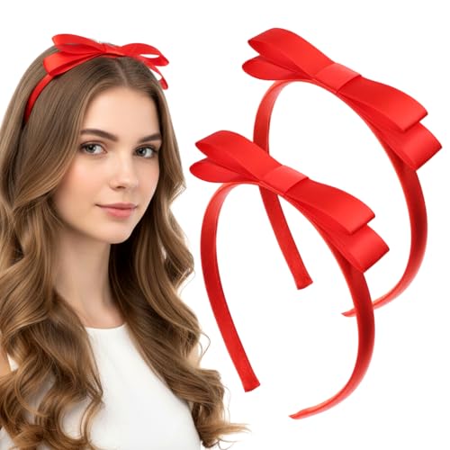 SynHHergyx 2 PCS Red Bow Headband for Women Red Ribbon Headband Cute Bowknot Hair Hoop Halloween Christmas Party Hair Accessories Daily Decor