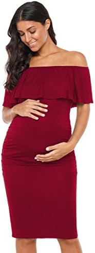 Women's Maternity Dress Off Shoulder Ruffle Sleeveless Bodycon Dress for Baby Shower