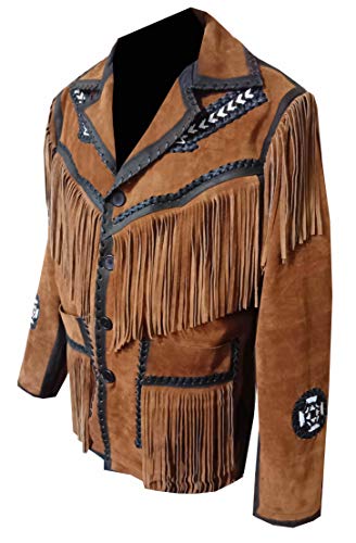 Classyak Men's Western Fringes & Beads Leather Jacket