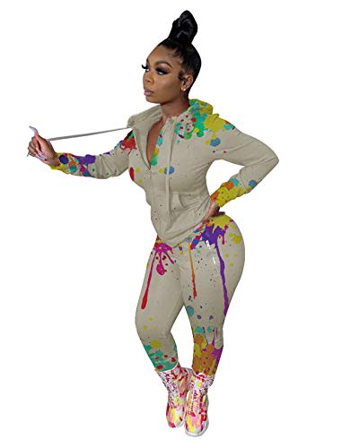 Remelon Womens 2 Piece Outfits Long Sleeve Hoodies and Pants Set Graffiti Print Sweatsuits Tracksuits Grey M