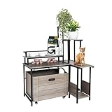 IDEALHOUSE Cat Litter Box Enclosure Furniture with Flower Stand, Corner Wooden Cat Washroom, Pullable Carring Tray, Plant Stand Hidden Litter Box Enclosure Furniture with Catch Litter, Cat House