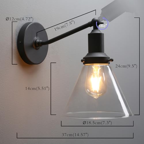 Image of PERMO Industrial Vintage Slope Pole Wall Mount Single Sconce with Funnel Flared Clear Glass Shade Wall Sconce Light Lamp Fixture (Matte Black)