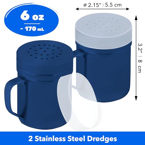 Image of CUSINIUM 6oz Navy Blue Stainless Steel Salt Pepper Dredge Shakers - With Plastic Cap - With Handle - Pack of 2