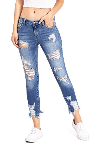 Cello Jeans Women's Juniors Mid Rise Distressed Skinny Jeans (5, Distressed MDN)