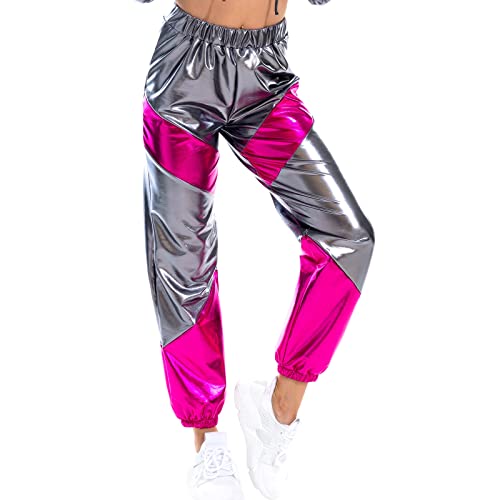 Damen Metallic Glänzed Hose Elastischer Sporthose Locker Holographische...