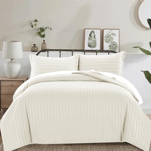 PRIME LINENS 3 Piece Duvet Cover Set Satin Stripes Quilt Cover Bedding Sets with Pillowcases Hotel Quality Ultra Soft Hypoallergenic Machine Washable (Cream, King)