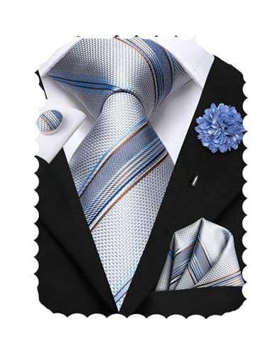 Image of Hi-Tie Men's Tie Lapel Pin Set Pocket Square Cufflinks Formal Woven Silk Tie Sets Wedding Party
