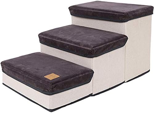 Pet Stairs for Small Dogs, 3-Step Dog Stairs with Container for High Beds and Couch, Pet Steps for Small Dogs and Cats, and High Bed Climbing, Non-Slip Balanced Dog Indoor (Brown)