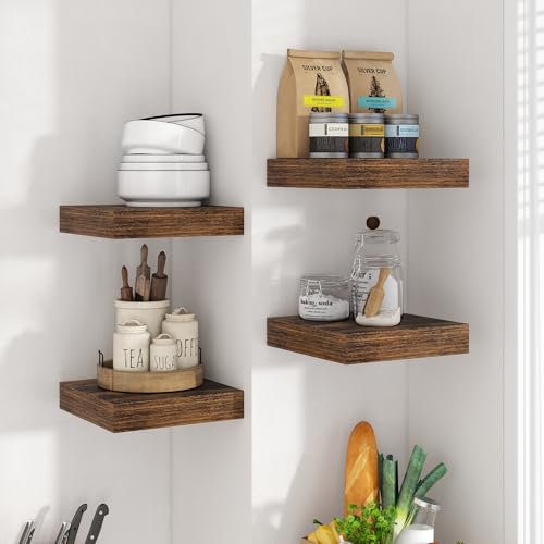 Image of Axeman Square Floating Shelves for Wall, 8 inch W x 8 inch D x 1.4 inch H Rustic Wooden Wall Shelves, 4 Pack Wall Mounted Floating Shelf with Invisible Brackets for Living Room, Bathroom, Kitchen, Rustic Brown