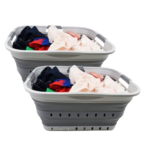 Image of SAMMART 42 (11 Gallons) Collapsible Plastic Laundry Basket, Foldable Pop Up Storage Container /Organizer, Space Saving Hamper, Portable Bin for Dorm Room Bathroom (2, Grey)