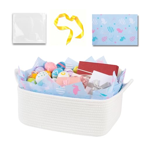 Image of OIAHOMY Woven Basket, Gift Basket Empty with Gift Bags, Ribbons and Wrap Tissue Paper, Rope Baskets for Baby Showers, Storage Baskets with Handles for Nursery, Pet Toy Organizer - Easter White