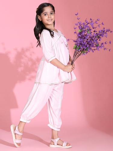 Image of Maaesa Girls' Light Pink & White Striped Cotton Alia Kurta and Afghani Pants Set | Sleeves | V-Neck with Metallic Trim | Lightweight & Breathable | Festive & Casual Wear