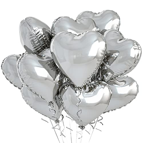 Image of Biapian Silver Heart Balloons, 10PCS Valentines Balloons 18inch Love Foil Balloons for Helium Birthday Decorations for Valentines Day, Wedding, Birthday, Baby Shower