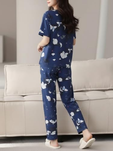 Image of Women's Korean Style Night Suit Set | Cotton Half Sleeve Top & Pyjama Set | Round Neck Printed Nightsuit | Comfortable Nightwear & Loungewear for Women | Sleepwear Pjs Lounge Set |Co-ords Outfit