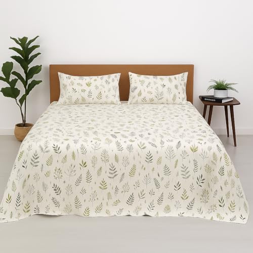 Image of King Size Bedsheet - Leafy-Tranquil - 108 x 108 Inches - Brushed Microfiber Flat Sheet with Pillow Covers - Soft, Cooling, Wrinkle & Fade Resistan