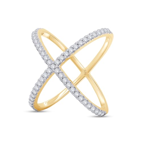 AFFY Round Shape White Cubic Zirconia Criss Cross X Ring in 14k Gold Over Sterling Silver