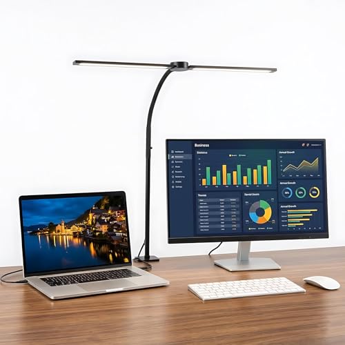 Lampara Escritorio LED Regulable, Luz Pinza Doble Cabezal 1200 Lumen para Oficina en Casa, Lampara LED Escritorio Cuello Cisne Cuidado Ocular, Luz Monitor Control Táctil 3 Temperaturas & 5 Brillos